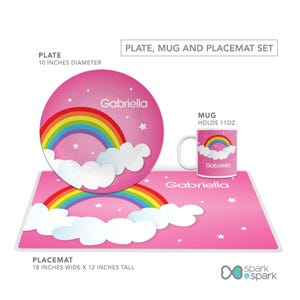 Dreamy Rainbow personalized plate, mug, placemat set, personalized toddler tableware, featuring soft pastel rainbow arching over, custom name, 10in round, BPA free