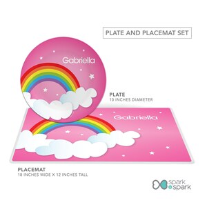 Dreamy Rainbow personalized plate, placemat set, personalized toddler tableware, featuring soft pastel rainbow arching over, custom name, 10in round, BPA free