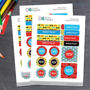 Waterproof Labels - Super Hero Pattern - Personalized Name Labels - Kindergarten Labels - School Labels - School Supply Labels -