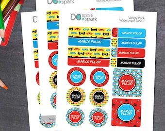 Waterproof Labels - Super Hero Pattern - Personalized Name Labels - Kindergarten Labels - School Labels - School Supply Labels -