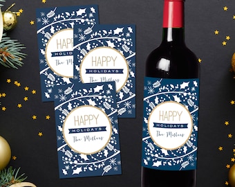 Personalized Liquor Labels - 4 Christmas Wine Labels - Blue Xmas Collage - Holiday Wine Labels - Custom Labels - Waterproof Wine Label