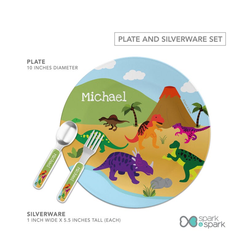 Dinosaurs Jungle Mealtime Set - Custom Dinnerware for Kids - Children's Plate, Bowl, Mug, Placemat and Cutlery - Non Melamine. Birthday Gift Plate,Silverware Set
