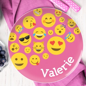 Personalized Dinnerware for Kids - Girl Emojis - Child&#39;s Plate - Melamine Bowl or Plate Personalized - Custom Placemat with Name