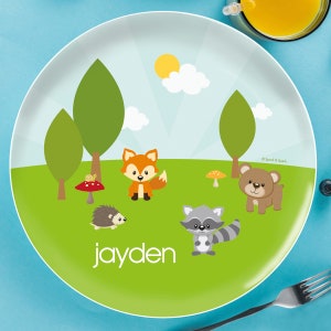 Personalized Kids Plate - Cute Animals in the Forest - Kids Outdoor Dinnerware - Kids Melamine Bowl - Custom Placemat with Name