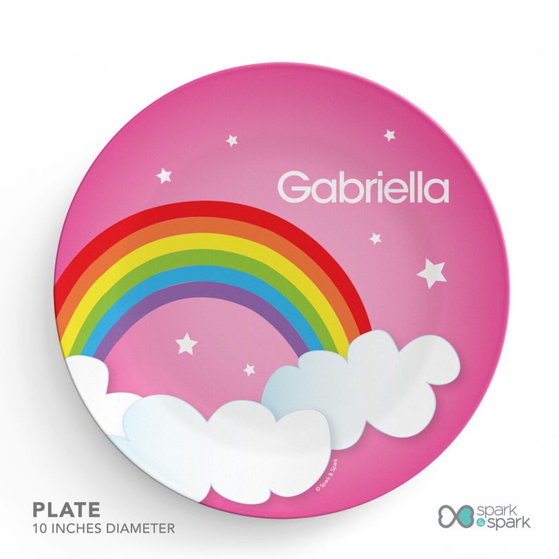 Dreamy Rainbow personalized plate, personalized toddler tableware, featuring soft pastel rainbow arching over, custom name, 10in round, BPA free
