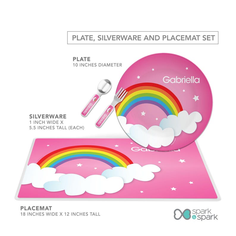 Dreamy Rainbow personalized plate, silverware, placemat set, personalized toddler tableware, featuring soft pastel rainbow arching over, custom name, 10in round, BPA free