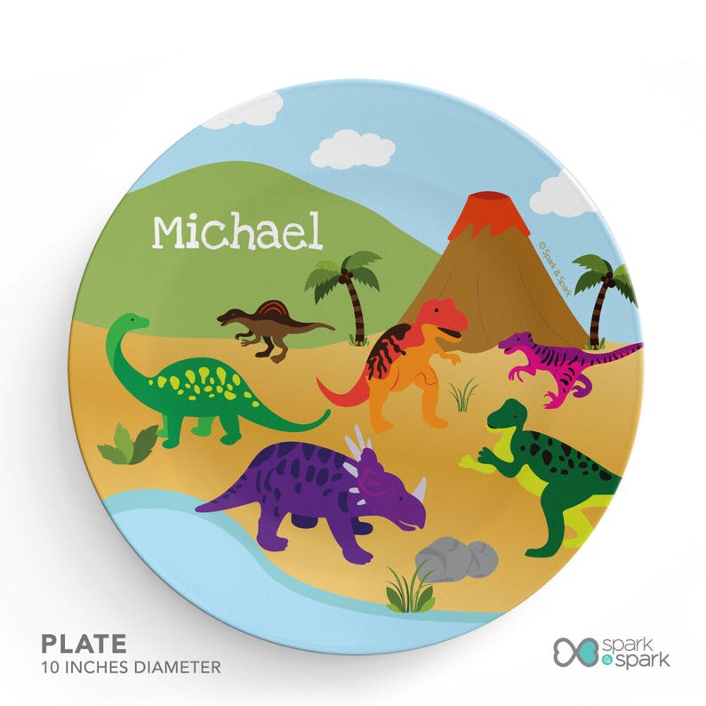 Dinosaurs Jungle Mealtime Set - Custom Dinnerware for Kids - Children's Plate, Bowl, Mug, Placemat and Cutlery - Non Melamine. Birthday Gift Plate