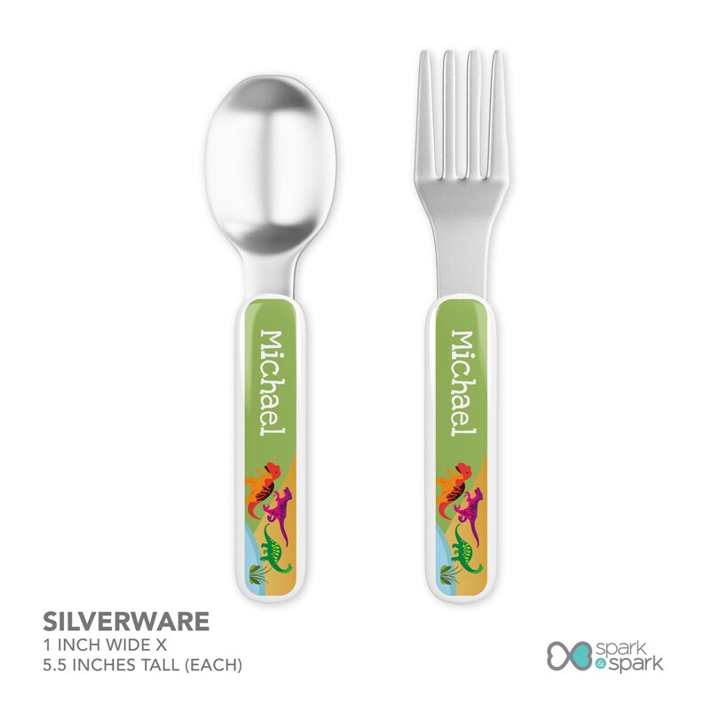 Dinosaurs Jungle Mealtime Set - Custom Dinnerware for Kids - Children's Plate, Bowl, Mug, Placemat and Cutlery - Non Melamine. Birthday Gift Silverware