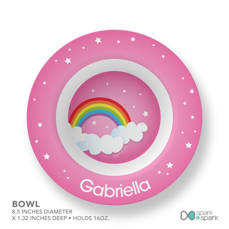 Dreamy Rainbow dishwasher safe kids bowl featuring soft pastel rainbow arching over, personalized with child's name, custom name, 8.5in 16oz, BPA