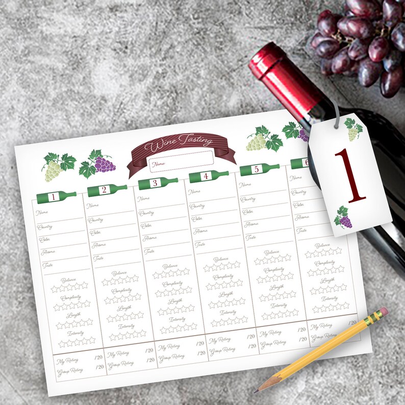 May include: A wine tasting chart with spaces for notes on six wines. The chart includes sections for name, country, color, aroma, taste, and ratings for balance, complexity, length, and intensity. A wine bottle and a tag with the number 1 are also visible.