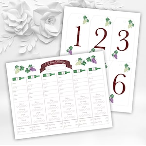 May include: Wine tasting sheets and numbered tags. The sheets have spaces for wine name, country, and rating. The tags are numbered 1-6 with grape and leaf illustrations. The text "Wine Tasting" is on a banner.