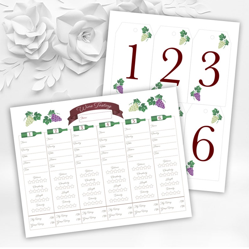 May include: Wine tasting sheets and numbered tags. The sheets have spaces for wine name, country, and rating. The tags are numbered 1-6 with grape and leaf illustrations. The text "Wine Tasting" is on a banner.