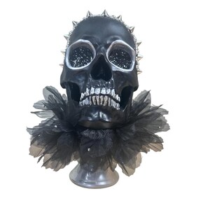 May include: A black skull mask with silver accents, including a spiked crown and eye outlines. The eye sockets are filled with glitter. A black tulle collar with decorative embellishments surrounds the base of the skull.