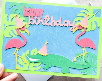 Flamingo Birthday Card, Alligator Beach Birthday Card, Ocean Birthday Card, Tropical Birthday Card, Funny Birthday Card