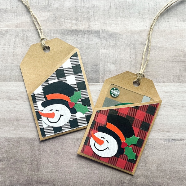 Christmas Gift Tag Gift Card Holder, Holiday Tag holds Gift Card, Snowman Christmas Tag, Buffalo Plaid Holiday Tag