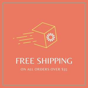 May include: A yellow box with a white sun symbol inside is flying through the air. The text below reads "FREE SHIPPING ON ALL ORDERS OVER $35".