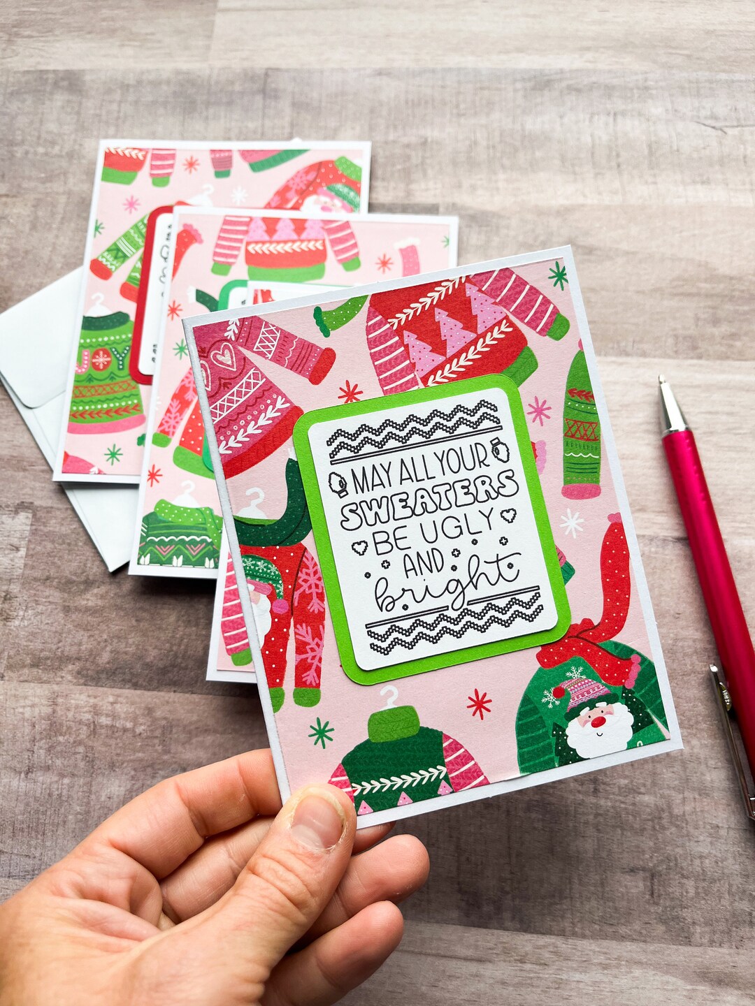 Ugly Christmas Sweater Cards, Ugly Holiday Sweater Card, Set of 4 Christmas Cards, Funny