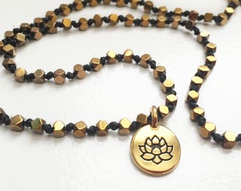 mala beads, 108 mala necklace and bracelet with adjustable closure, hand knotted, hematite for PROTECTION and GROUNDING, lotus for STRENGTH