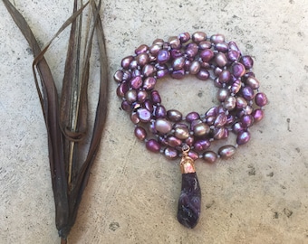 108 mala beads necklace with freshwater pearls and genuine amethyst pendant BEAUTIFUL yoga jewelry knotted with crystals pearls gemstones