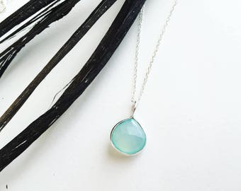 aqua chalcedony gemstone necklace, dainty necklace, faceted gemstone necklace FEELS AMAZING, sterling silver necklace, CALMING