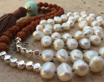 108 mala beads, white freshwater pearls, Rudraksha seed beads, silver plated beads, long 108 mala beads, yoga jewelry, *GORGEOUS*, healing