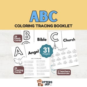 Op de afbeelding: Een kleur- en traceerboekje met de titel "ABC Coloring Tracing Booklet" in blauwe letters. Het boekje bevat 26 flashcards, 26 traceerkaarten en 31 pagina's. De pagina's bevatten het alfabet met woorden als "Angel" en "Bible".