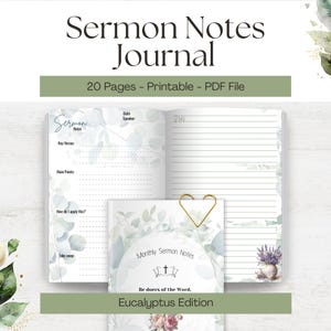 May include: A printable journal with a eucalyptus design. The cover features the text "Monthly Sermon Notes" and "Be doers of the Word, Eucalyptus Edition". The journal has 20 pages and is designed for taking notes during sermons.