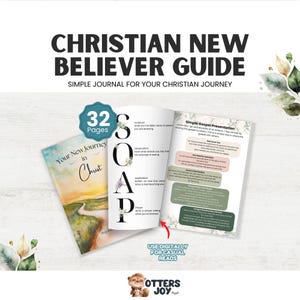 May include: A 32-page Christian New Believer Guide journal featuring a cover titled Your New Journey in Christ with a landscape illustration, and open pages displaying a SOAP study method and a Simple Gospel Presentation with floral accents.