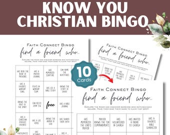 May include: Christian Bingo game with the text "Get to Know You Christian Bingo". The game includes 10 cards with prompts like "Has read the Book of Proverbs" and "Has a favorite Bible character".