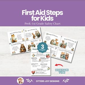 Puede incluir: Un gráfico de seguridad de primeros auxilios para niños de preescolar a primer grado que incluye tres páginas de contenido educativo. Las fichas contienen instrucciones numeradas, ilustraciones de animales del bosque y consejos.