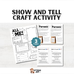 以下が含まれることがあります： 「SHOW AND TELL CRAFT ACTIVITY」のテキストが入った白黒のクラフトアクティビティセット。「ALL ABOUT ME」と「What's in your BAG?」の記入欄があるページが含まれています。青い円は「3ページ」を示しています。