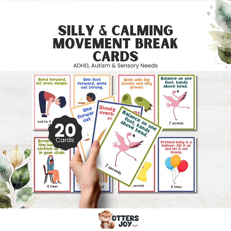 May include: A set of printable exercise cards with instructions and illustrations. The cards are 11 x 8.5 inches and include prompts like "Wiggle fingers" and "Make the silliest face you can." The cards are designed to be printed in smaller sizes.