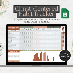 May include: A digital download of a Christ-Centered Habit Tracker spreadsheet. The spreadsheet is designed to help users track their daily habits and progress towards their goals. The spreadsheet includes a section for daily habits, a section for weekly progress, and a section for verse of the day. The spreadsheet is designed to be used with a free journal.