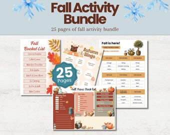 May include: A 25-page autumn activity bundle featuring a bucket list, autumn bingo, a fall is here game, and a fall picnic checklist. The pages include illustrations of leaves, pumpkins, and food items with text in brown and orange on a light background.