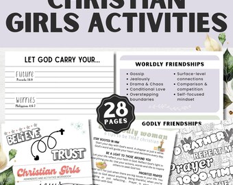 Christian Girls Activity Bundle, Bible Activities for Girls, Christian Kids Printable, Bible Study Workbook, Faith Building Activities, VBS