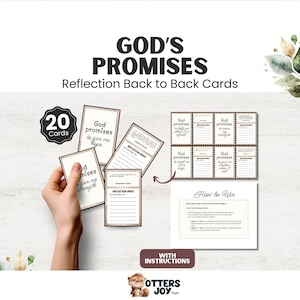 May include: A set of "God's Promises" reflection cards with the text "Reflection Back to Back Cards." The set includes 20 cards with inspirational quotes and reflection prompts. The cards are held by a hand and displayed with instructions.
