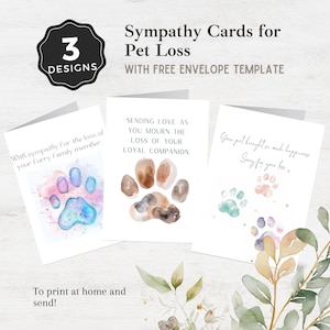 Printable Pet Sympathy Card Bundle, Pet Condolence Card, Pet Sympathy, Includes Envelope template, Loss of Dog and Loss of Cat, Digital File