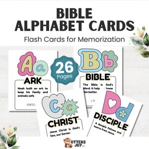 May include: Bible Alphabet Cards flash cards for memorization. The cards feature colorful letters with corresponding words like Ark, Bible, Christ, and Disciple. The set includes 26 pages with illustrations and text.