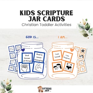 May include: Image of "KIDS SCRIPTURE JAR CARDS" for Christian toddler activities. The design features two jar illustrations, one blue and one orange, with cards inside. The blue jar says "GOD IS..." and the orange jar says "I AM...".