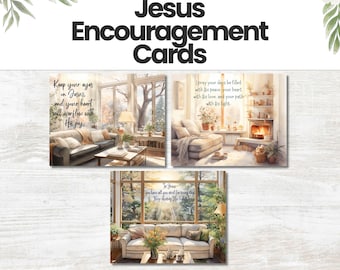 May include: Three rectangular encouragement cards featuring interior living room scenes with warm lighting and inspirational text. The cards display cosy furniture, fireplaces, and windows. The text includes phrases like Keep your eyes on Jesus and I pray your days be filled with His peace. The set is titled Jesus Encouragement Cards by Otters Joy Designs.