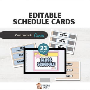 May include: An image showcasing editable schedule cards. The design includes a computer screen displaying a class schedule, along with various schedule cards. The text "EDITABLE SCHEDULE CARDS" and "Customize in Canva" are visible.