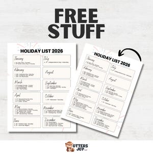 Puede incluir: Dos hojas de papel blancas con una lista de festivos para 2026. Las hojas tienen un dise&ntilde;o sencillo con el texto "FREE STUFF" en la parte superior. La lista de festivos incluye los meses de enero a diciembre.