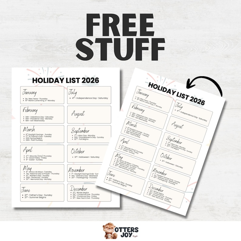 Puede incluir: Dos hojas de papel blancas con una lista de festivos para 2026. Las hojas tienen un dise&ntilde;o sencillo con el texto "FREE STUFF" en la parte superior. La lista de festivos incluye los meses de enero a diciembre.