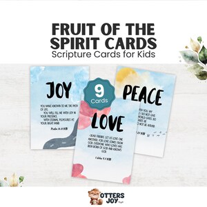 May include: Set of nine scripture cards for kids, featuring the words "Joy", "Peace", and "Love" in large, bold letters. Each card has a watercolor background and Bible verses. The cards are designed for children.
