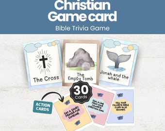 May include: A set of 30 Christian Bible trivia game cards featuring illustrations of the cross, the empty tomb, and Jonah and the whale, alongside action cards with prompts like say a short prayer for someone and sing a line.
