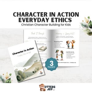Op de afbeelding: Een boek getiteld "Character in Action Everyday Ethics for Kids" met een aquarel landschapsontwerp. Het open boek toont de secties "Think It Through" en "Winning & Losing Well". Een blauwe badge geeft "3 pagina's" aan.