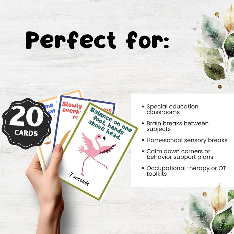 Puede incluir: Un conjunto de 20 tarjetas de ejercicios con instrucciones para actividades como equilibrio y coordinaci&oacute;n. Las tarjetas presentan dise&ntilde;os coloridos y una ilustraci&oacute;n de flamenco. El texto incluye "Equilibrio sobre un pie, manos sobre la cabeza" y "7 segundos".