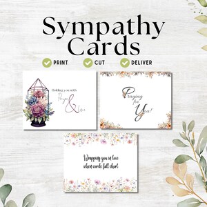 3 Floral Sympathy Cards, Printable Condolence  Card, Digital Bereavement Cards with Heartfelt Messages, Cards with Free Envelope Template