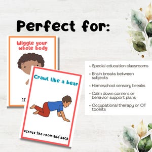 Puede incluir: Dos tarjetas coloridas con ilustraciones y texto. Una tarjeta dice "Wiggle your whole body" y la otra "Crawl like a bear across the room and back". El texto a la derecha enumera los usos de las tarjetas.