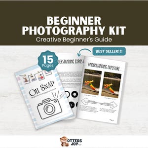 May include: A photography kit for beginners, featuring the text "BEGINNER PHOTOGRAPHY KIT" and "Creative Beginner's Guide". The kit includes a booklet titled "Oh Snap Beginner Photography Course" and another titled "Understanding Exposure". The image also says "BEST SELLER!!!".
